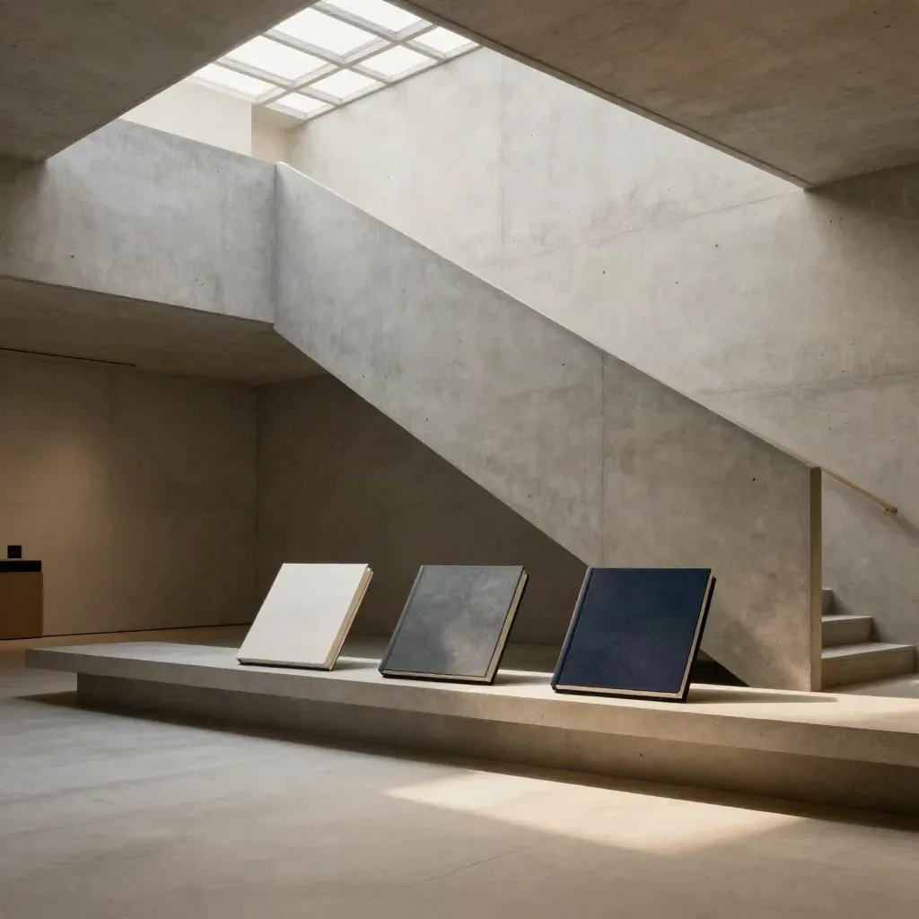 Sunlit concrete atrium with stairs, skylight beams, and compact insight folios on a ledge.