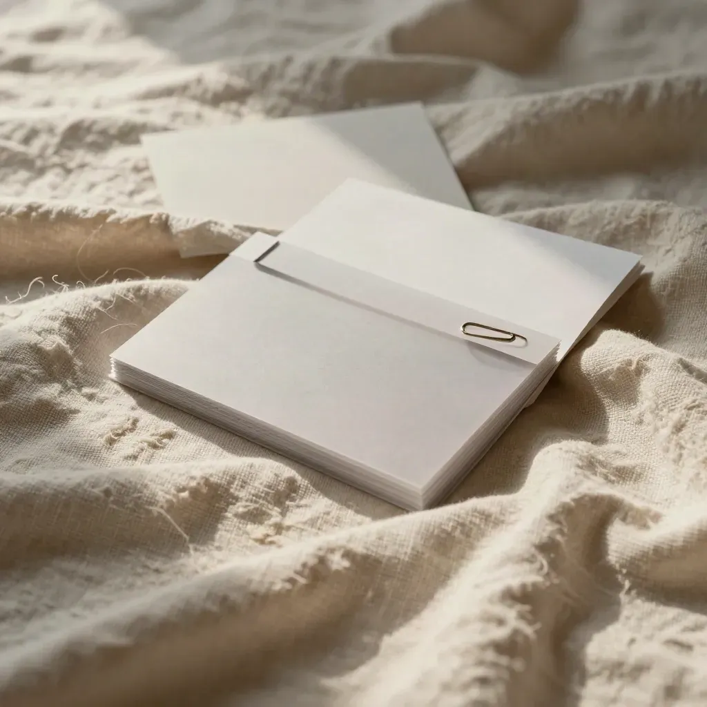 Cream linen survey kit with translucent cards half-buried in fabric, lit softly from above.