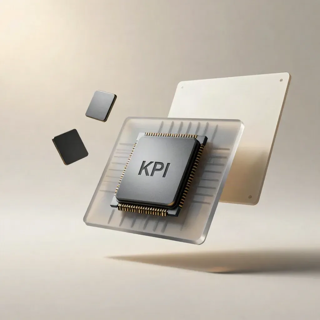 Translucent graphite KPI dashboard slab with floating chip modules on a soft off-white field.