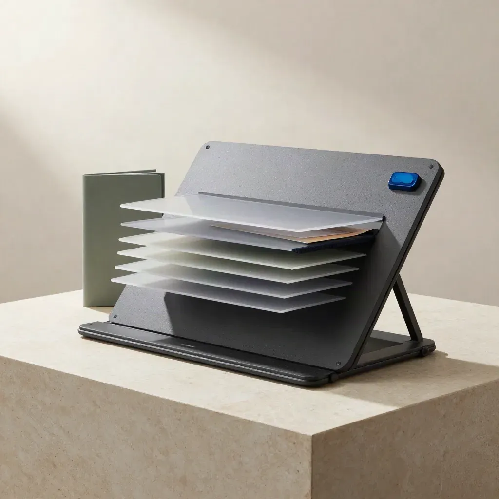 Graphite data-analytics folio with translucent panels on pale stone in soft morning mist.