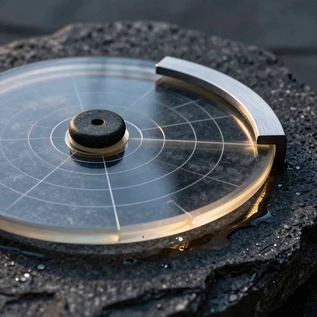 Macro of a translucent radar disc, stone weight, and aluminum arc on wet charcoal stone.
