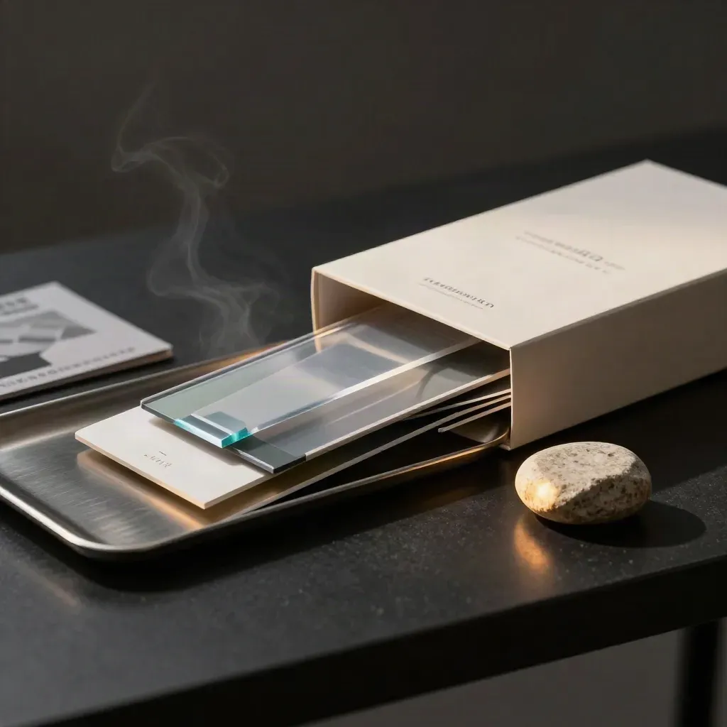 Ivory KPI bundle sliding open on a dark tray with tabs, a stone puck, and subtle teal accents.