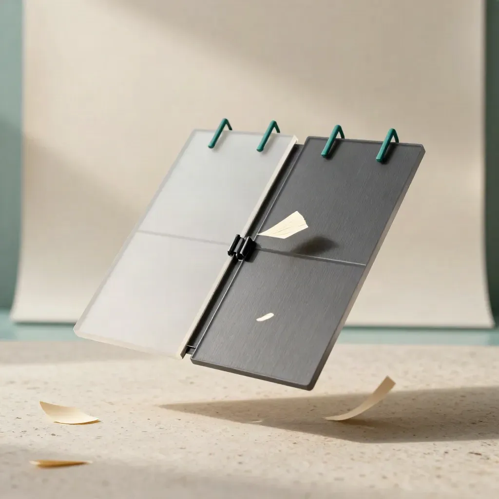 Twin-panel competitor scorecard kit with teal tabs and paper slivers on pale travertine.