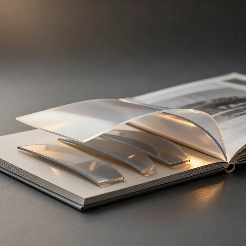 Translucent forecasting model pack fanned open on pale ash wood with cool rim light and haze.