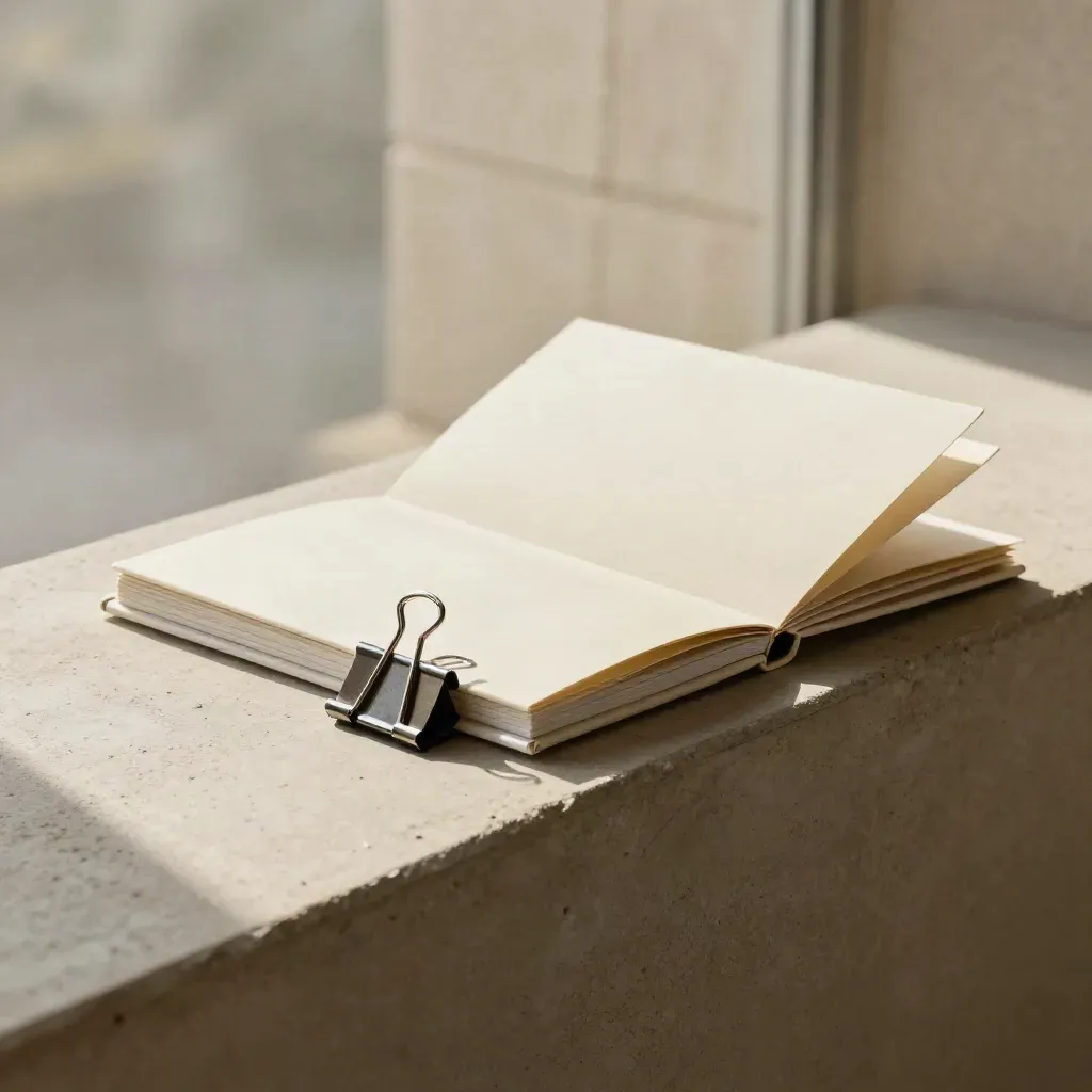 Cream executive summary kit with insert and metal clip on a sunlit concrete ledge.
