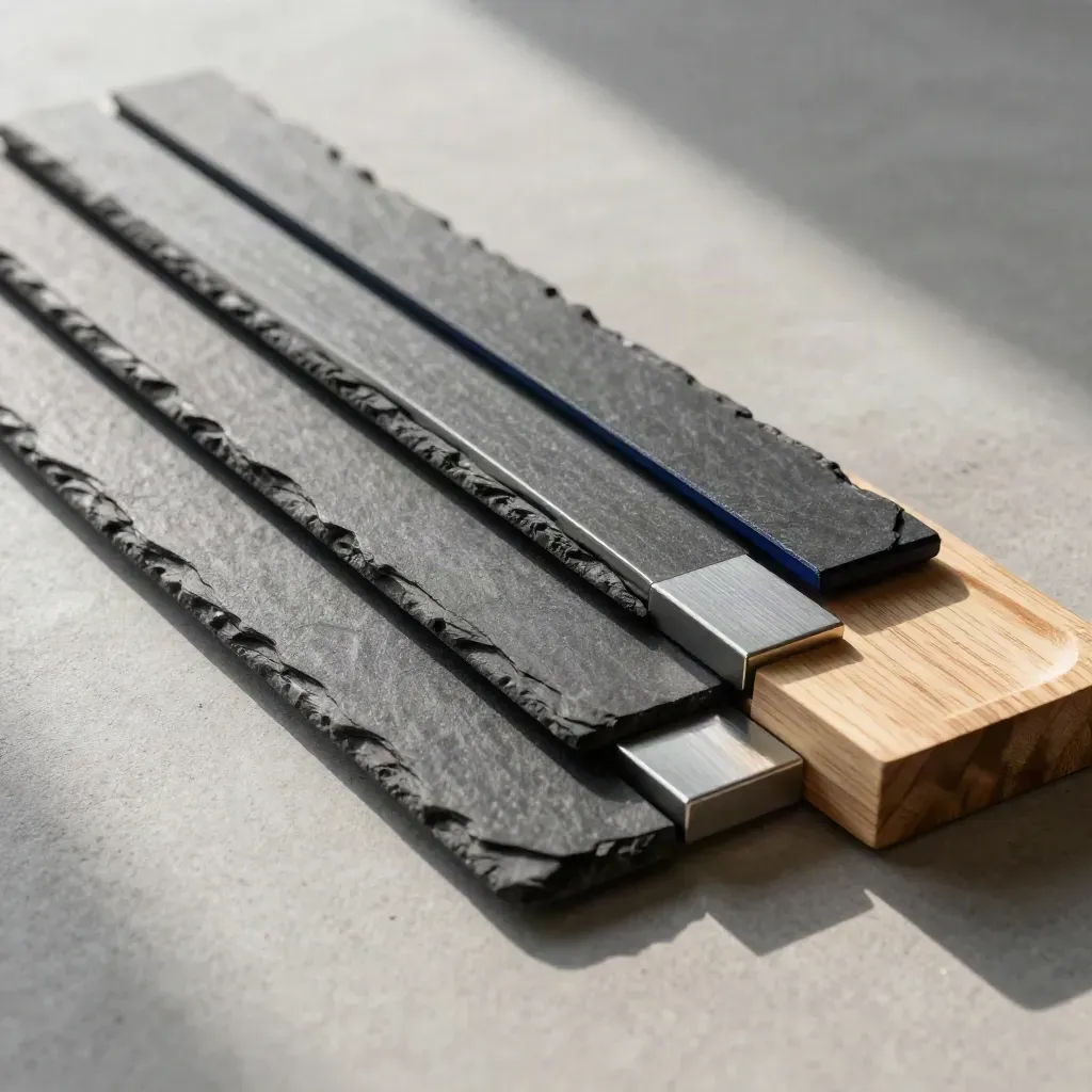 Slate channel board with oak tray and metal divider on brushed concrete, precise top-down macro.