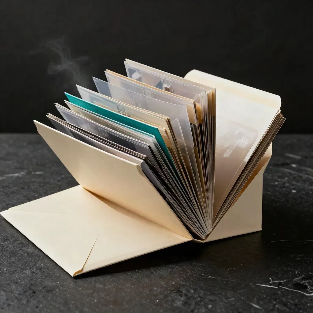 Glossy reporting bundle bursts from a cream envelope on dark stone with teal accents.