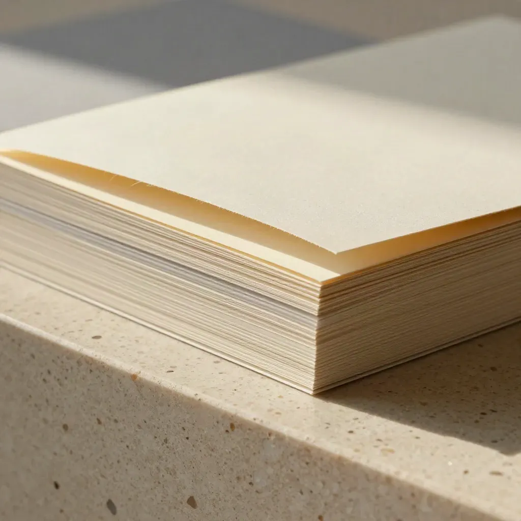 Macro folio with translucent tabs peeling over folded insert cards on travertine.