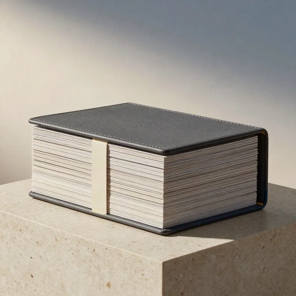 Graphite board meeting slide deck on a pale stone pedestal with soft studio light