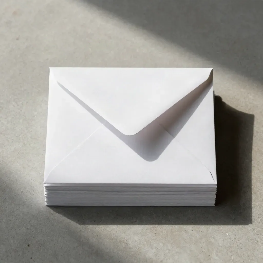 Overhead paper flatlay of a KPI email template stack with vellum sleeve on cool concrete
