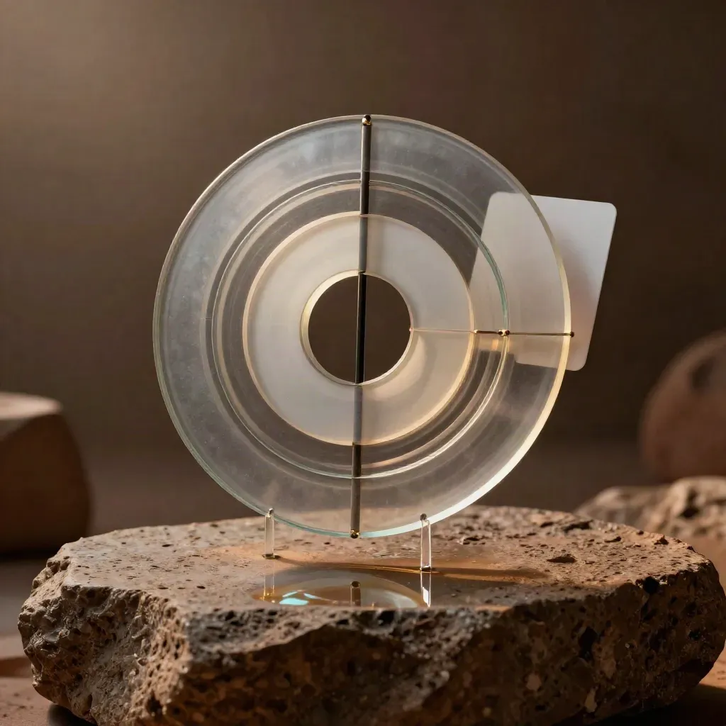 Suspended translucent cohort chart kit with stone base, haze, and cool rim light.