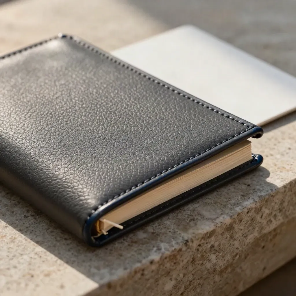 Extreme macro of a dark folio with a sealed sleeve and pale marker on a stone step.