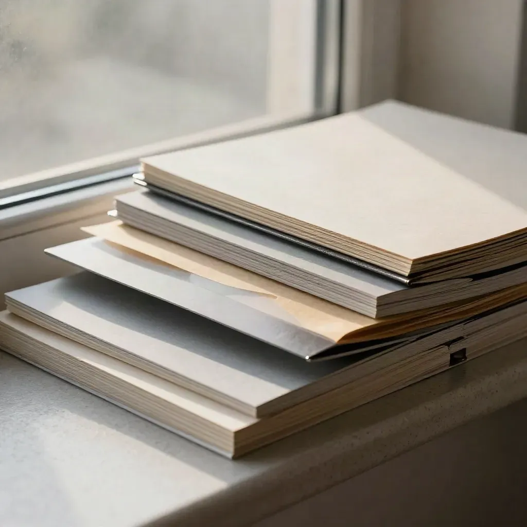 Traffic mix report bundle with layered paper bands and metal clip on a foggy windowsill.