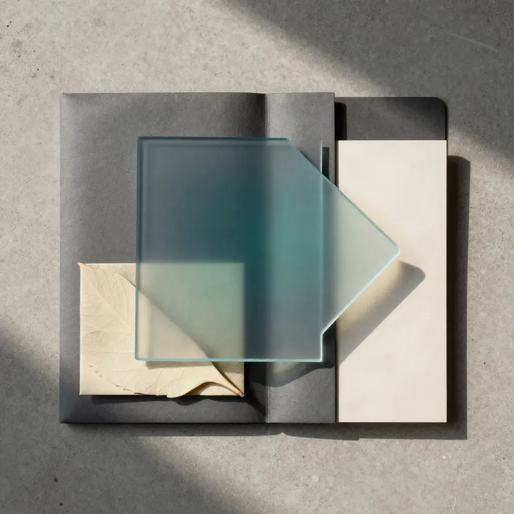 Overhead folio flatlay on stone with translucent teal overlay and a curling corner.