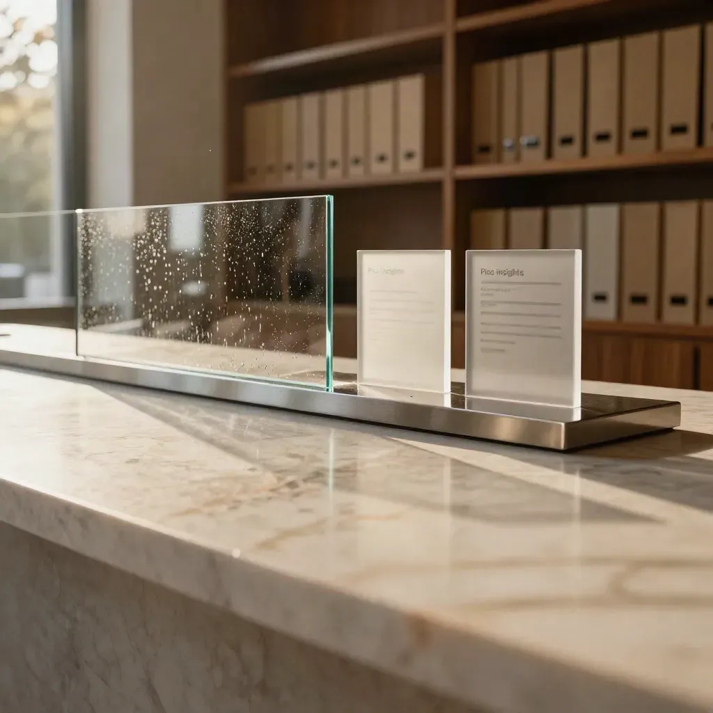 Sunlit marble interior with glass partition, acrylic blocks, and blurred shelves.