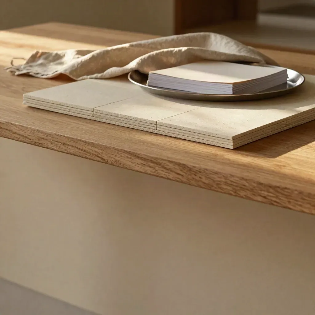 Sunlit oak tabletop with stone tiles and linen drape in warm neutral tones